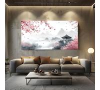 ZORYAN Impression sur Toile Japonais Fleurs de Cerisier Cadre Decoration Murale pour Salon Moderne et Chambre Chinois Montagne Grand Tableau Mural Peinture à l'encre Pagode Peintures Maison 70x140 cm