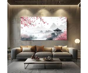 ZORYAN Impression sur Toile Japonais Fleurs de Cerisier Cadre Decoration Murale pour Salon Moderne et Chambre Chinois Montagne Grand Tableau Mural Peinture à l'encre Pagode Peintures Maison 70x140 cm