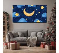 ZORYAN Lune Dessin Animé Toile Decoration Murale Tableau Moderne pour Salon Étoiles Chambre Enfant Affiche Artistique Poster Nuages Mignons Chambre et Bureau Cadre en Bois 70x140 cm