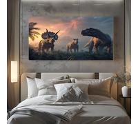 ZORYAN Tableau Decoration Murale pour Salon Jurassic Dinosaure Impression sur Toile Moderne Paysage Naturel Forêt Affiche Poster Tropical Volcan Chambre Adulte Cadre en Bois 50x100 cm