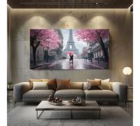 ZORYAN Tableau Decoration Murale pour Salon Romantique Tour Eiffel Impression sur Toile Moderne Amour Couple Affiche Poster Printemps Fleur de Cerisier Chambre Adulte Sans Cadre 50x100 cm