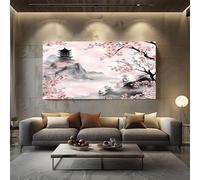 ZORYAN Tableau Decoration Murale Salon Cadre en Bois Fleur De Cerisier Japonais Décoration Murale Prêt à Suspendre 70x140cm Rose Tableau Artistique pour Chambre Adulte, Peinture Décorative
