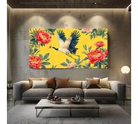 ZORYAN Tableau sur Toile Style Chinois Grue Grand Format XXL Decoration Murale Motif Fleur Pivoine Bois pour Salon Chambre Oriental Oiseau Art Mural Moderne 80x160 cm
