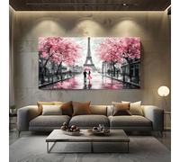 ZORYAN Tableaux Posters et Arts Décoratifs Romantique Tour Eiffel Grande Toile Murale pour Salon Amour Couple Cadre Decoratif Chambre Floral Fleurs de Cerisier 70x140cm Tableau Impression pour Maison