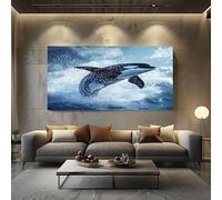 ZORYAN Toile Decoration Murale Animaux Marins Orque Tableau Moderne pour Salon Océan Baleine Affiche Artistique Poster Nautique Vague Chambre et Bureau Cadre en Bois 70x140 cm