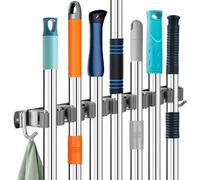 Zosenyer Accroche Balai Mural Sans Percage, Porte Balais Mural avec 7 Supports und 2 Crochets, Porte Outils Mural Vadrouille pour Salle de Bain, Garage, Outils de Jardinage, Cuisine (1)