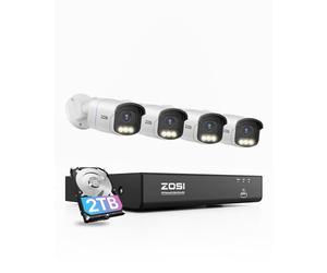 ZOSI AuroraLux Kit Caméra Surveillance Extérieure PoE, 8CH 4K PoE NVR 2TB HDD, 4 Caméra Sécurité 5MP, Détection IA Grande Ouverture F1.0 Super Capteur 1/1,79", Vrai Vision Nocturne Couleur, C186A
