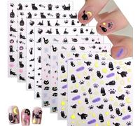 Zosutetoxo 8 feuilles d'autocollants à ongles chats noirs autocollants de design d'ongles avec empreintes de pattes étoiles lune poissons mignons autocollants de manucure dessin animé