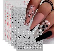 Zosutetoxo Stickers, 6PCS autocollants à ongles auto-adhésifs cœur nœud, nail art Saint-Valentin stickers rouges noirs blancs comme accessoires de design d'ongles pour femmes
