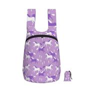Zouey Sac à dos pliable en polyester, portable et réutilisable, idéal pour les voyages et le shopping. Fermeture éclair, motif chevaux, violet lilas, style cowgirl.
