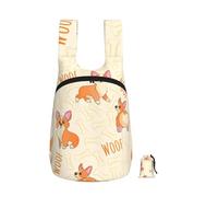 Zouey Sac à dos pliable en polyester, portable, idéal pour les voyages et le shopping, avec fermetures éclair et motif corgi avec os et inscriptions.