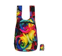 Zouey Sac à dos pliable en polyester, portable, idéal pour les voyages et le shopping, avec fermetures éclair et motif roses aux pétales arc-en-ciel.