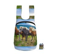 Zouey Sac à dos pliable en polyester, portable, pour les voyages et le shopping, avec fermetures éclair et motifs de chevaux islandais.