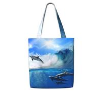 Zouey Sac fourre-tout en toile pour femme, sac à bandoulière, fourre-tout, réutilisable, motif quatre dauphins dans la mer des baleines