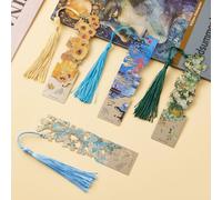 ZOUIQSS Marque-pages en métal avec pompon doré creux marque-page Van Gogh peinture à l'huile thème marque-pages pour amoureux des livres écrivains lecteurs hommes femmes, 4 pièces, style 4