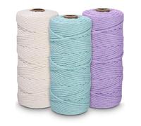 Zounin Lot de 3 Corde Macrame, 3mm x 100m, Corde Cordelette en Coton, Fil Macramé, pour Bricolage, Décoration Boho, Fil Coton pour Crochet, kit macramé (Blanc, Violet Clair, Aigue-Marine)