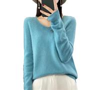 ZouoYYii Pull à col en V en laine mérinos pour femme - Manches longues - Automne Hiver, bleu lac, L