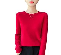 ZouoYYii Pull Femme Laine Mérinos - Couleur Unie Col Ras du Cou Manches Longues Pull Top pour Automne et Hiver, Rouge, L