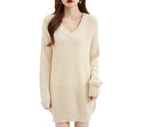 ZouoYYii Robe pull oversize à col en V pour femme - Automne Hiver Chaud Manches Longues Pull, beige, M