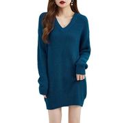 ZouoYYii Robe pull oversize à col en V pour femme - Automne Hiver Chaud Manches Longues Pull, bleu marine, M