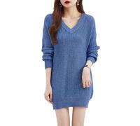 ZouoYYii Robe pull oversize à col en V pour femme - Automne Hiver Chaud Manches Longues Pull, bleu, S