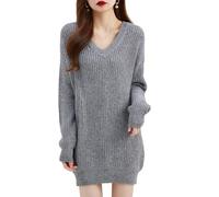 ZouoYYii Robe pull oversize à col en V pour femme - Automne Hiver Chaud Manches Longues Pull, Gris 9., S