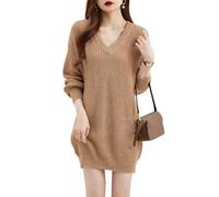 ZouoYYii Robe pull oversize à col en V pour femme - Automne Hiver Chaud Manches Longues Pull, kaki, S
