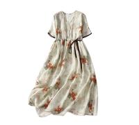 ZouoYYii Robe Trapèze À Imprimé Floral pour Femmes, Tenue Élégante avec Cordon De Serrage, en Coton Et Lin, Fine, Printemps Été