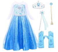 ZOUPREME Robe Princesse Elsa pour Fille, Ensemble Reine Neiges avec Baguette et Couronne, Déguisement princesse Enfant Jeu Rôle de Noël (Dark Blue,120)