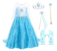 ZOUPREME Robe Princesse Elsa pour Fille, Ensemble Reine Neiges avec Baguette et Couronne, Déguisement princesse Enfant Jeu Rôle de Noël (Light Blue,150)