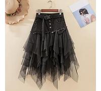 Zouyuan Jeans asymétriques en Tulle Jupes Femmes Taille Haute Longue Maille plissée Jupe Gothique mi-Longue avec Ceinture de Poches