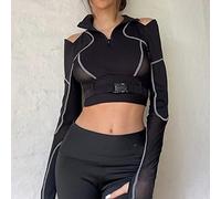 Zouyuan Sexy Boucle Patchled Crop Top Top T-Shirt Gothique Hollow House Turtleneck Team Tretleneck Tees Punk Slim Corst Streetwear