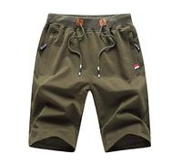 ZOXOZ Short Sport Homme Running Coton Course Pantalon Court avec Poches Zippées et Taille élastique pour Fitness Armée Verte S