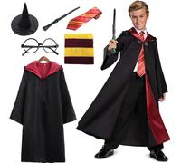 ZOYDP 6 PCS Deguisement Sorcier per Enfants, Costumes Cape, Costume de Magicien avec Chapeau, Lunettes, Baguette Magique, Écharpe et Cravate pour Jeunes Filles Halloween Carnival Cosplay Costumes