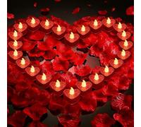 ZOYDP Lot de 24 bougies chauffe-plat LED en forme de cœur sans flamme - Rouge - Avec 2000 pétales de rose artificiels - Décoration d'amour pour Saint-Valentin, mariage - Lumière jaune chaude