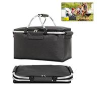 ZOYDP Panier de courses pliable - Panier de pique-nique thermique de 18 litres avec couvercle, barres en aluminium, poignées et fermeture éclair - Noir