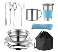 ZOYDP Popote Camping 2 Personne, Kit Vaisselle Camping, Vaisselle Pique Nique Inoxydable, Kit Couvert Camping avec Assiette Tasse Couteau Fourchette Cuillère Sac Rangement pour Pique-Nique Voyage