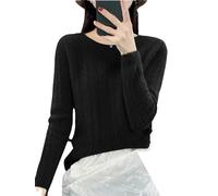 Zozogag Pull en Laine Mérinos pour Femme, Col Rond, Motif d'oreille De Blé, Ajouré, Décontracté, Tricot, Doux, Collection Printemps-Automne, 100% Black M(47.5-55kg)