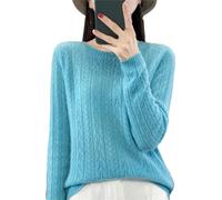 Zozogag Pull en Laine Mérinos pour Femme, Col Rond, Motif d'oreille De Blé, Ajouré, Décontracté, Tricot, Doux, Collection Printemps-Automne, 100% Lake Blue S(40-47.5kg)