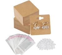 ZoZoMaiy 200 Pièces Cartes de Présentation de Bijoux, Papier Kraft Carte de Présentation Boucles D'oreilles, avec 200 Sacs et 400 Silicone Bouchons D'oreille, pour Bijoux D'emballage, 5x5cm