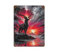 ZPAUEHFB Cerf mystique dans un paysage rouge Décoration murale Art Métal Poster Moderne Bar Décorations 40 x 30 cm