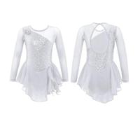 ZPFDSG Justaucorps De Gymnastique Fille Girls Figure Ice Skating Dress Sparkly Sequin Gymnastics Dance Ballet Tutu Leotard Kids Long Sleeve Mesh Splice Costume(White,10)