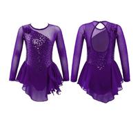ZPFDSG Justaucorps De Gymnastique Fille Girls Figure Ice Skating Dress Sparkly Sequin Gymnastics Dance Ballet Tutu Leotard Kids Long Sleeve Mesh Splice Costume(Purple,8)