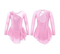 ZPFDSG Justaucorps De Gymnastique Fille Girls Figure Ice Skating Dress Sparkly Sequin Gymnastics Dance Ballet Tutu Leotard Kids Long Sleeve Mesh Splice Costume(Pink,6)