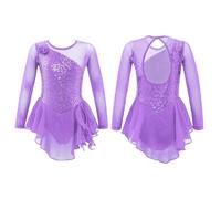 ZPFDSG Justaucorps De Gymnastique Fille Girls Figure Ice Skating Dress Sparkly Sequin Gymnastics Dance Ballet Tutu Leotard Kids Long Sleeve Mesh Splice Costume(Light Purple,6)