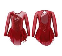 ZPFDSG Justaucorps De Gymnastique Fille Girls Figure Ice Skating Dress Sparkly Sequin Gymnastics Dance Ballet Tutu Leotard Kids Long Sleeve Mesh Splice Costume(Red,14)