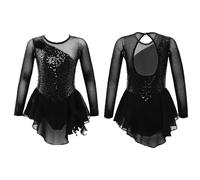 ZPFDSG Justaucorps De Gymnastique Fille Girls Figure Ice Skating Dress Sparkly Sequin Gymnastics Dance Ballet Tutu Leotard Kids Long Sleeve Mesh Splice Costume(Black,12)