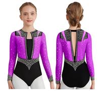 ZPFDSG Justaucorps De Gymnastique Fille Girls Sparkly Rhinestones Rhythmic Gymnastics Leotards Long Sleeve Bodysuit Dancewear Figure Skating Stage Performance Costumes(Purple,14)