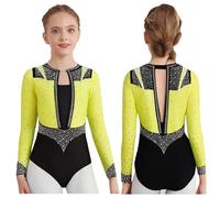 ZPFDSG Justaucorps De Gymnastique Fille Girls Sparkly Rhinestones Rhythmic Gymnastics Leotards Long Sleeve Bodysuit Dancewear Figure Skating Stage Performance Costumes(Fluorescent Yellow,6)