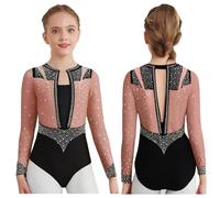 ZPFDSG Justaucorps De Gymnastique Fille Girls Sparkly Rhinestones Rhythmic Gymnastics Leotards Long Sleeve Bodysuit Dancewear Figure Skating Stage Performance Costumes(Dusty Pink,12)